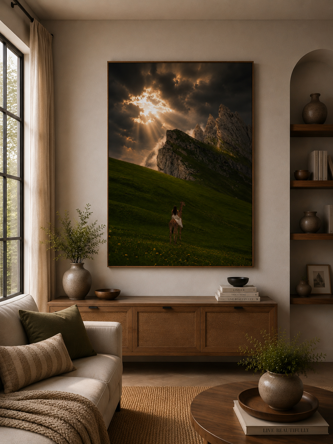 The Girl and Her Giraffe Canvas Print - Dramatic Sunbeams Over Peaks, Matte Stretched Wall Art