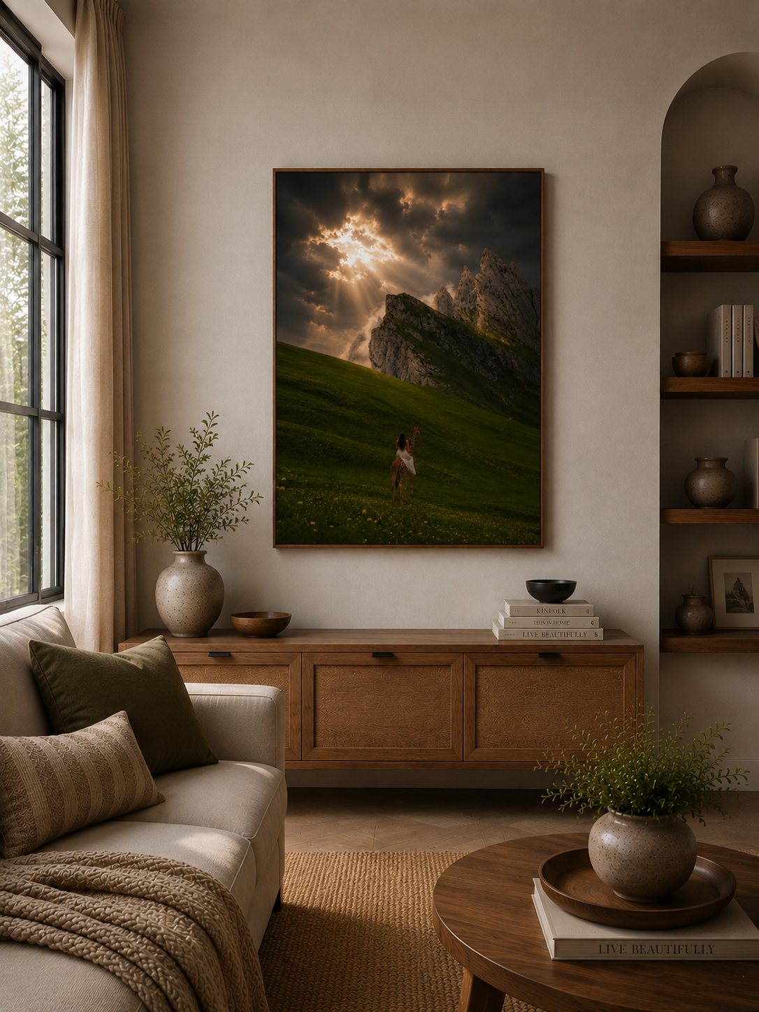 The Girl and Her Giraffe Canvas Print - Dramatic Sunbeams Over Peaks, Matte Stretched Wall Art