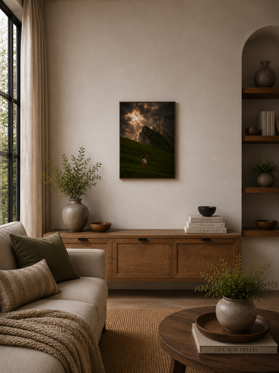 The Girl and Her Giraffe Canvas Print - Dramatic Sunbeams Over Peaks, Matte Stretched Wall Art